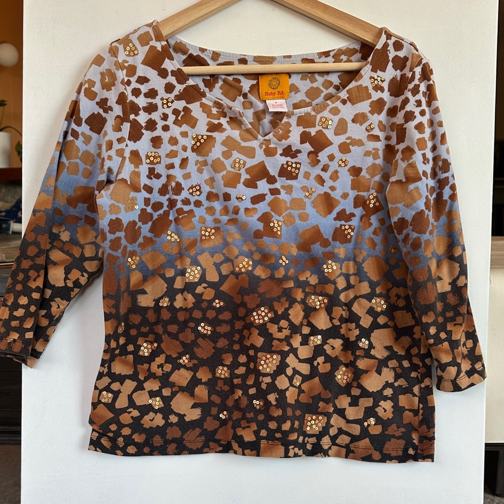 Ruby Rd. Brown and Blue Abstract Long Sleeve Top